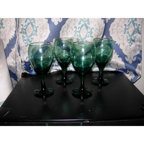 4 Vintage Libbey Tear Drop Juniper Gold Trim Wine Glasses - Picture 2 of 5